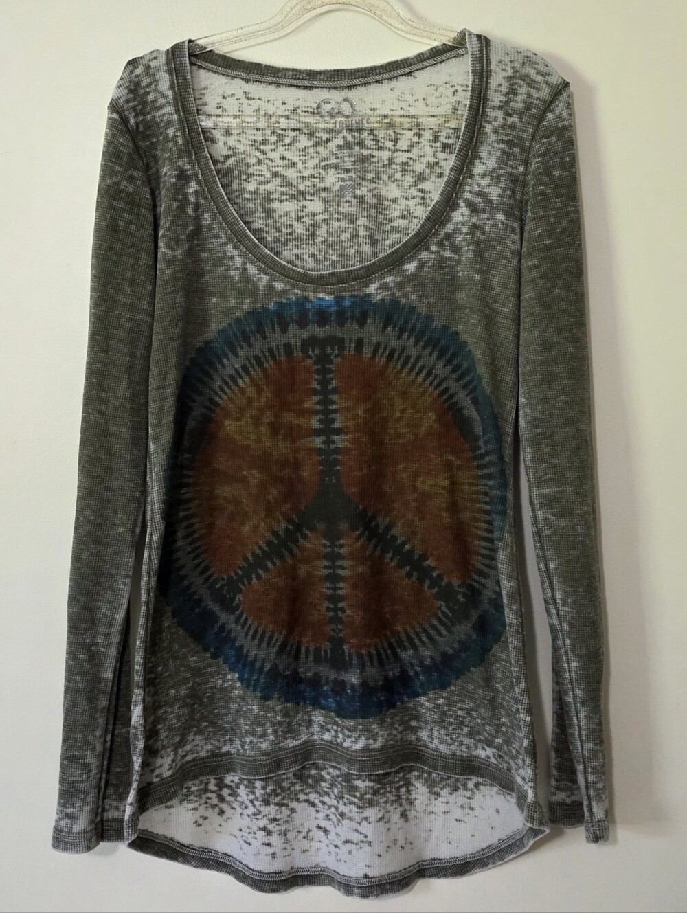 Go Couture Burnout Thermal Shirt Boho Hippie Peace Sign Y2K Grunge Earthy Small